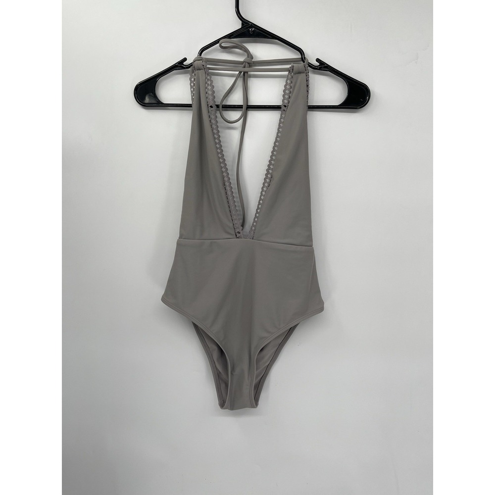 Aerie Small One Piece Swimsuit Womens‎ Gray Deep V Halter Crochet Lace Strappy